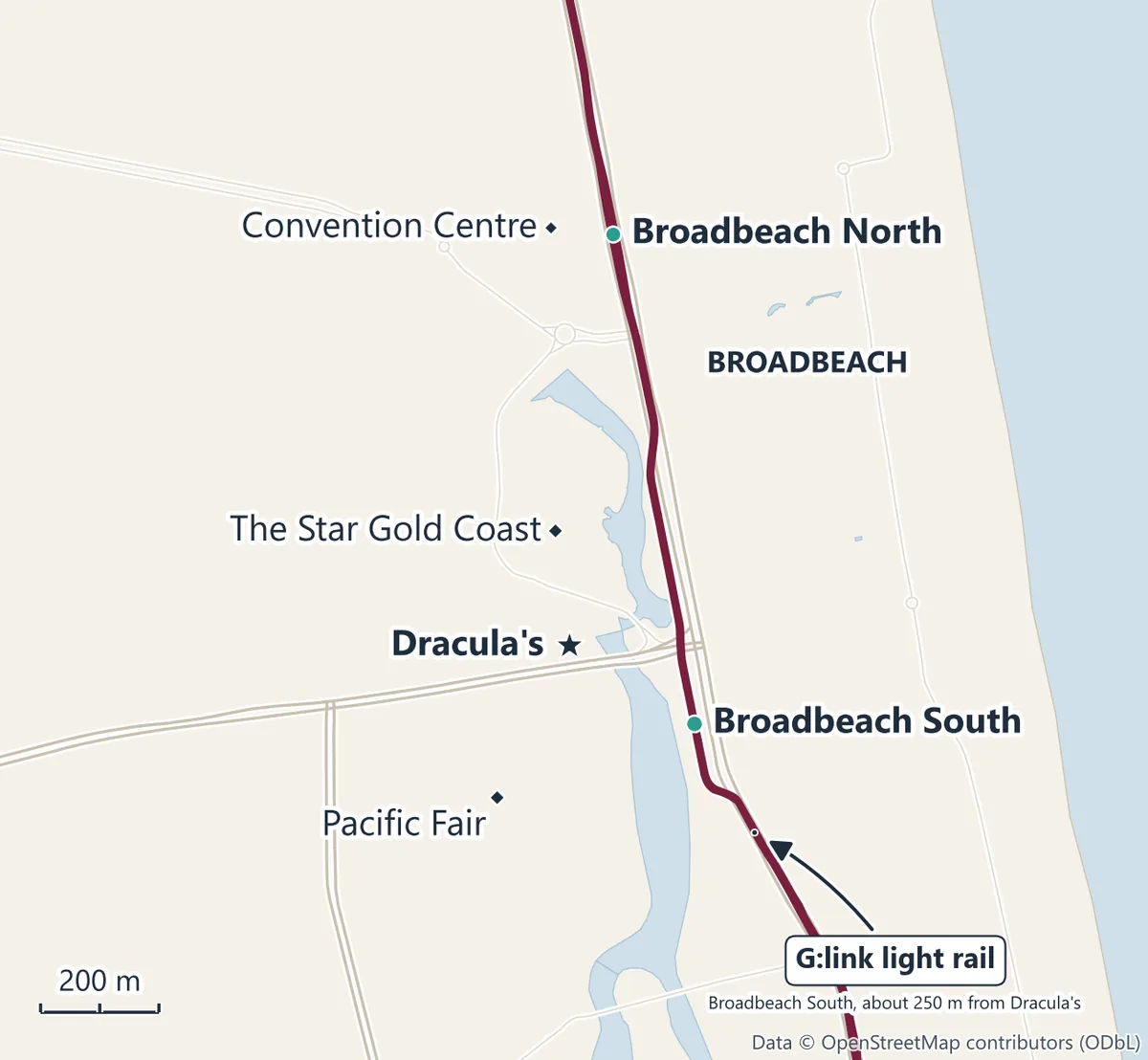 Map of Broadbeach showing Dracula's on Hooker Boulevard, Broadbeach South light-rail station, The Star Gold Coast and Pacific Fair